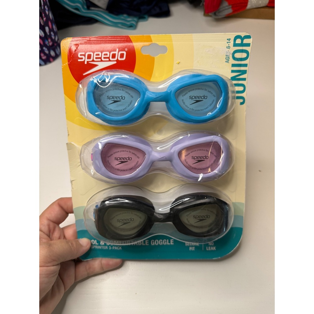 Speedo Junior Sprinter Swim Goggles 3-Pack Blue Purple Black Ages 6-14 New